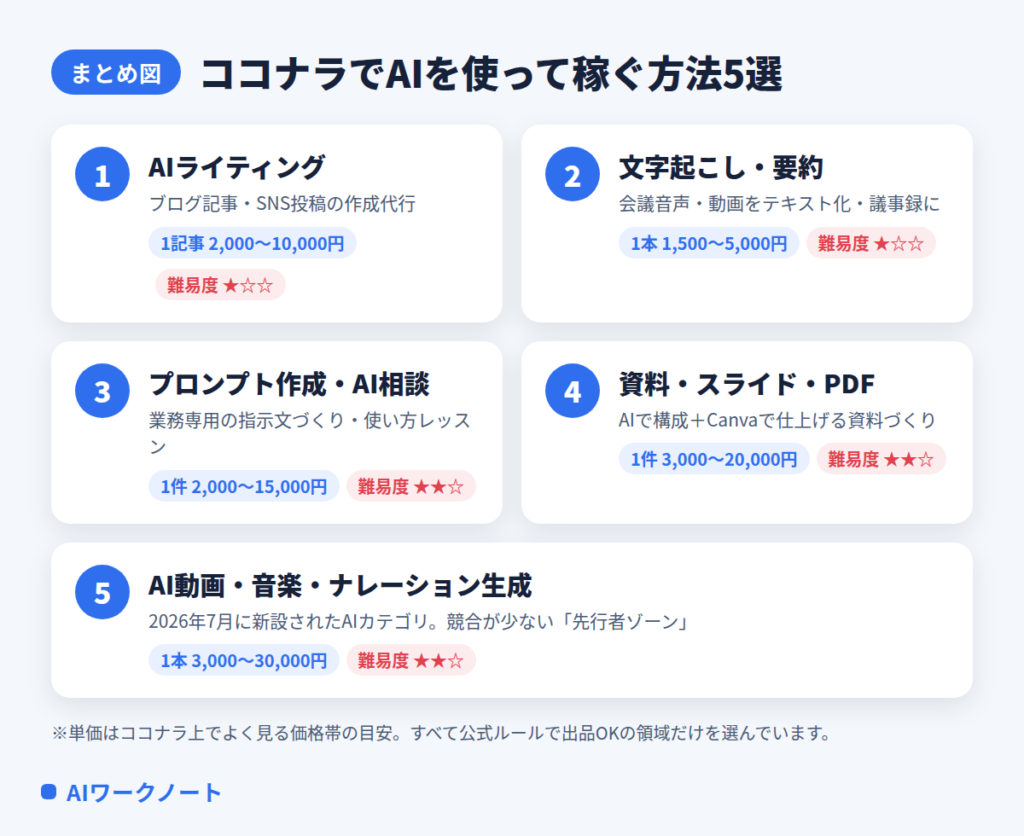 ココナラでAIを使って稼ぐ方法5選のまとめ図