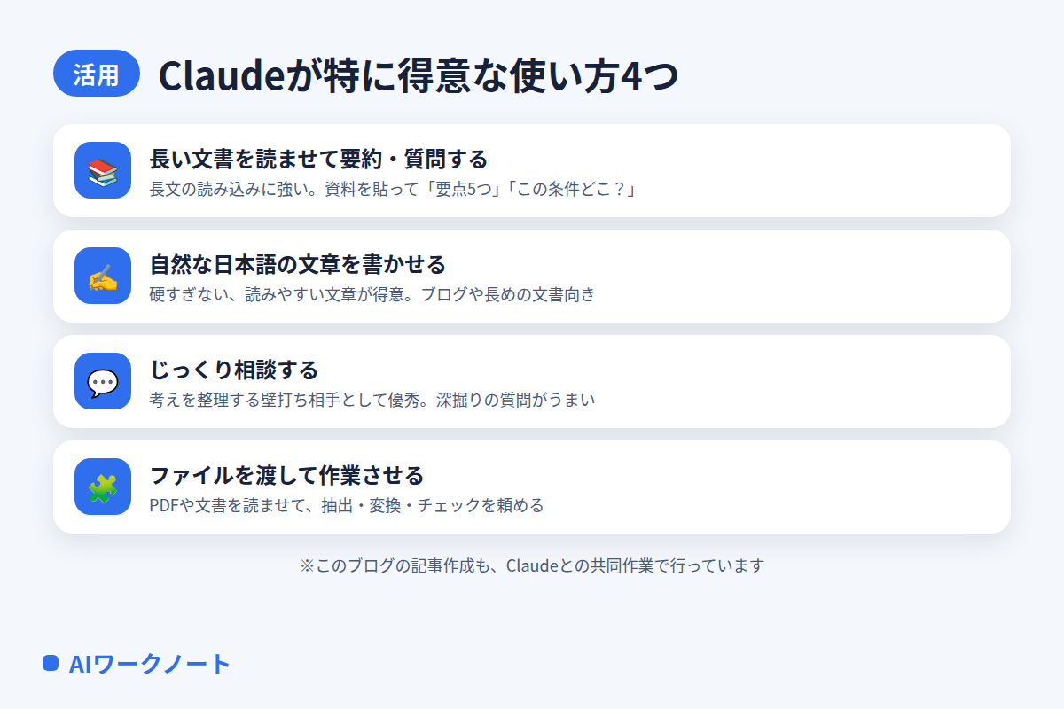 Claudeが特に得意な使い方4つの図解。長い文書の要約・質問、自然な日本語の文章作成、じっくり相談する壁打ち、ファイルを渡して作業させる