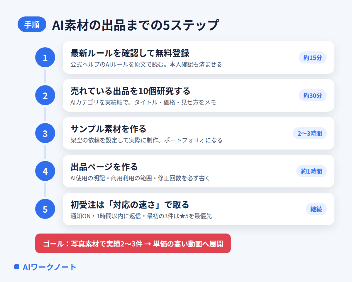 AI素材の出品までの5ステップ（ルール確認と無料登録、売れている出品の研究、サンプル素材作成、出品ページ作成、初受注対応）を示した図