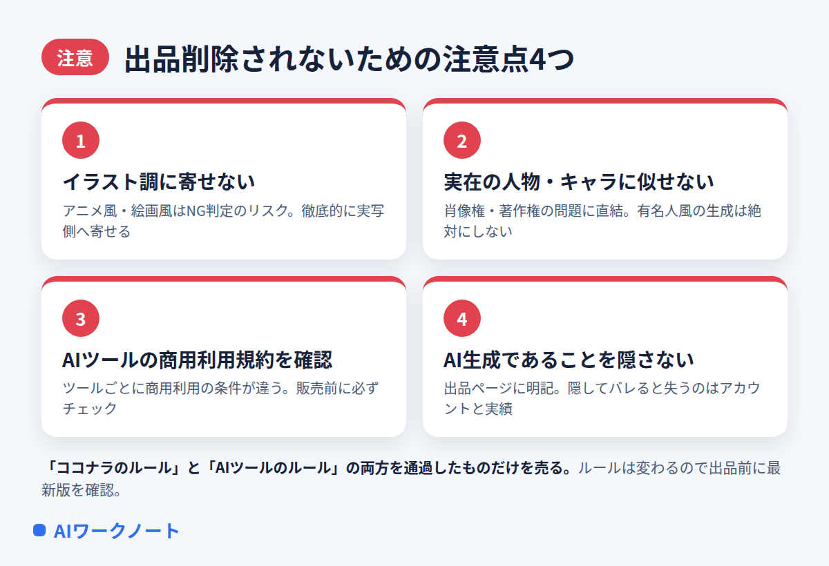 出品削除されないための注意点4つ（イラスト調に寄せない、実在の人物やキャラに似せない、AIツールの商用利用規約の確認、AI生成の明記）を示した図