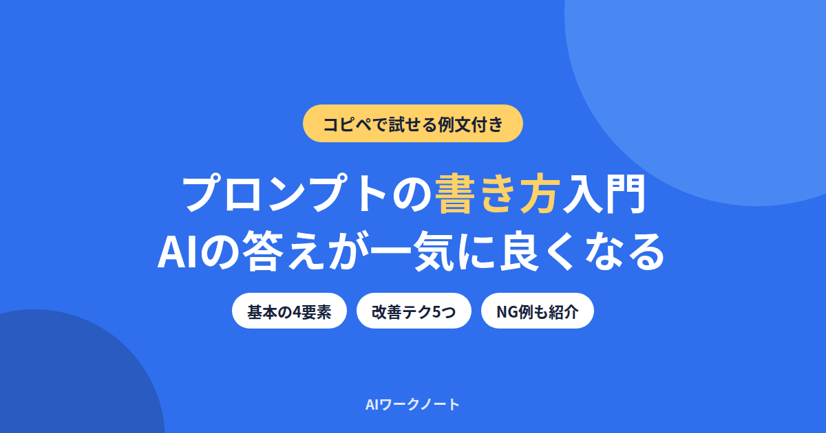 プロンプトの書き方入門記事のアイキャッチ画像。AIの答えが一気に良くなる、基本の4要素、改善テクニック5つ、NG例も紹介