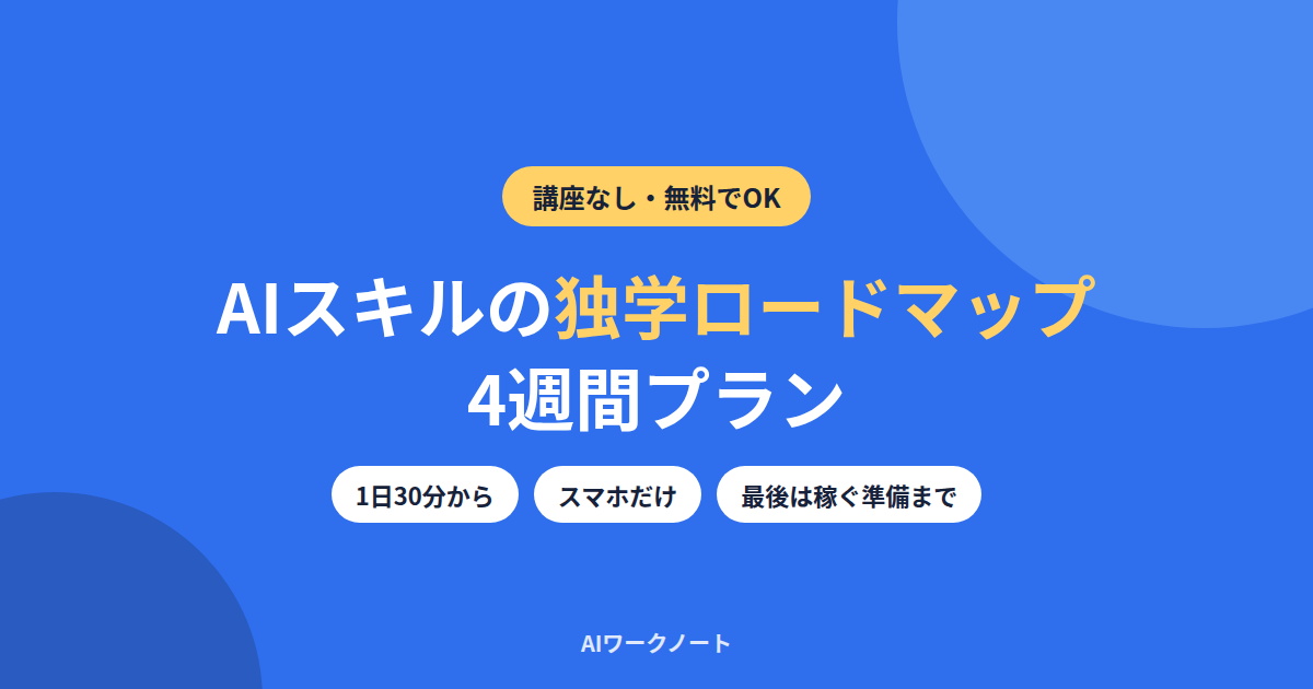 AIスキルの独学ロードマップ4週間プランのアイキャッチ画像。講座なし・無料でOK、1日30分から、スマホだけ、最後は稼ぐ準備まで