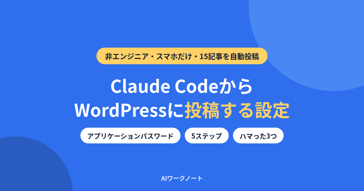 Claude CodeからWordPressに投稿する設定の記事のアイキャッチ。非エンジニア・スマホだけ・15記事を自動投稿、アプリケーションパスワード、5ステップ、ハマった3つ