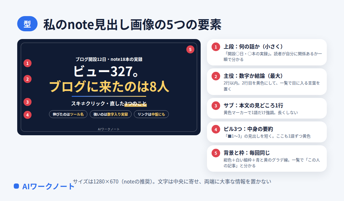 私のnote見出し画像の5つの要素の図。実物の見出し画像に番号を振り、1 上段は何の話かを小さく、2 主役は数字か結論を最大で2行以内、3 サブは本文の見どころ1行に黄色マーカー、4 ピル3つで中身を要約、5 背景と枠は毎回同じ紺色と白い細枠。サイズは1280×670で文字は中央に寄せる
